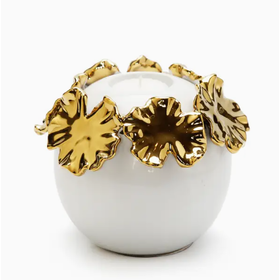 White Ceramic Candle Holder Gold Flower Medium