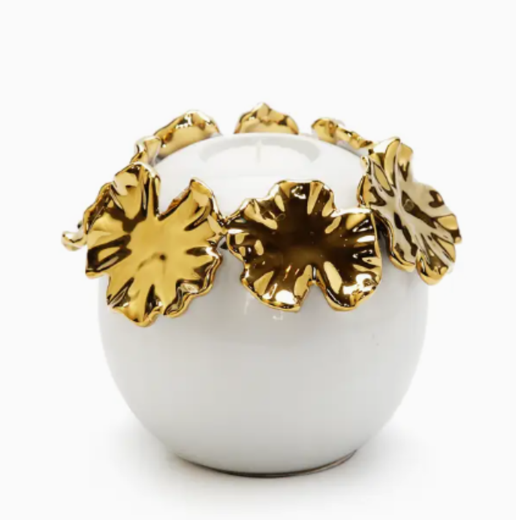 White Ceramic Candle Holder Gold Flower Medium