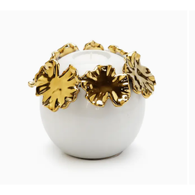 White Ceramic Candle Holder Gold Flower Large