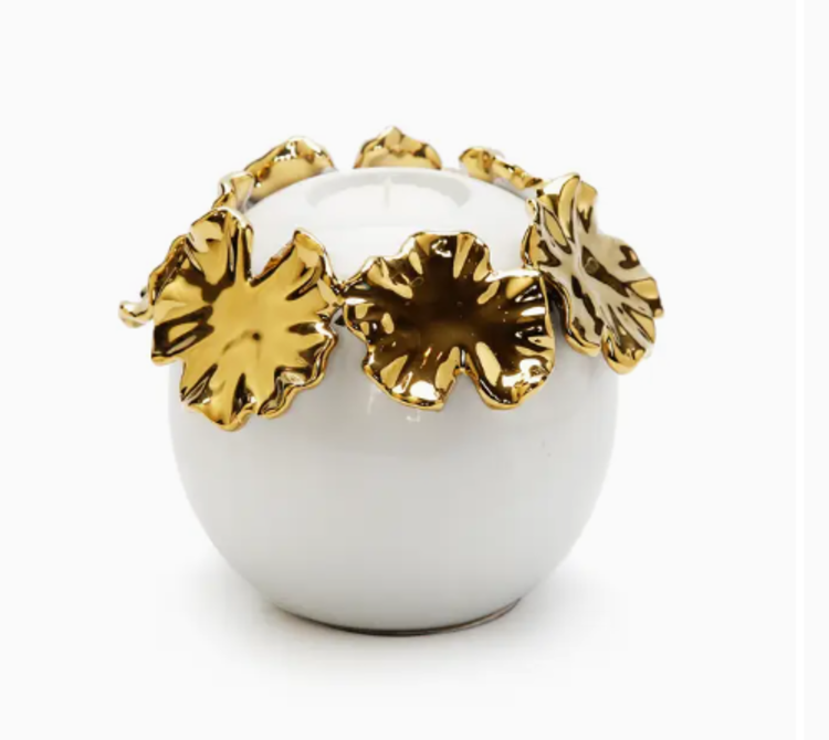 White Ceramic Candle Holder Gold Flower Small