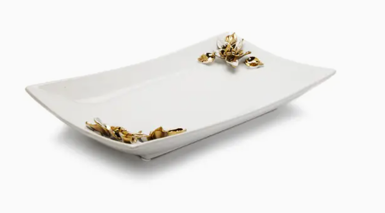 Porcelain Tray w/Gold/White Flower on Handles