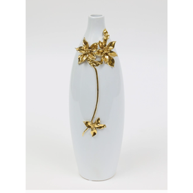 18" White Tall Vase  Gold/White Flower