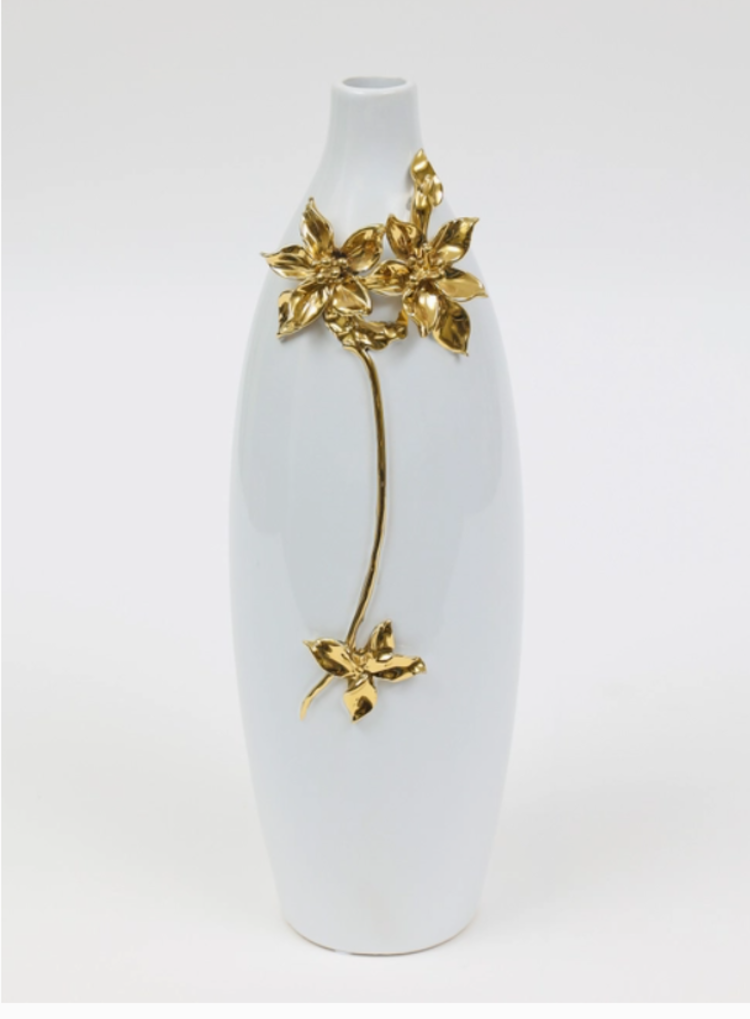 18" White Tall Vase  Gold/White Flower