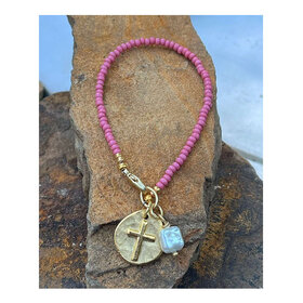 Pink Bead w/ Cross and Pearl Drop  -721