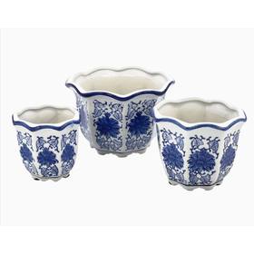 Blue and White Floral Ruffled Pot Med