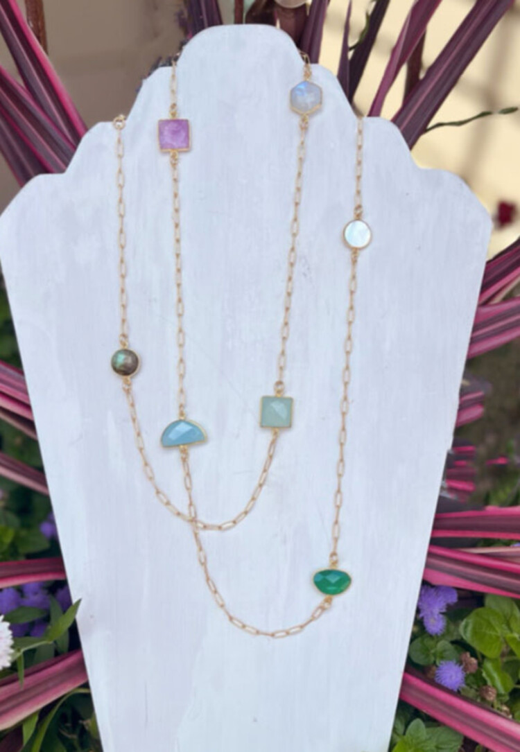 Multi Gem Long Chain Necklace