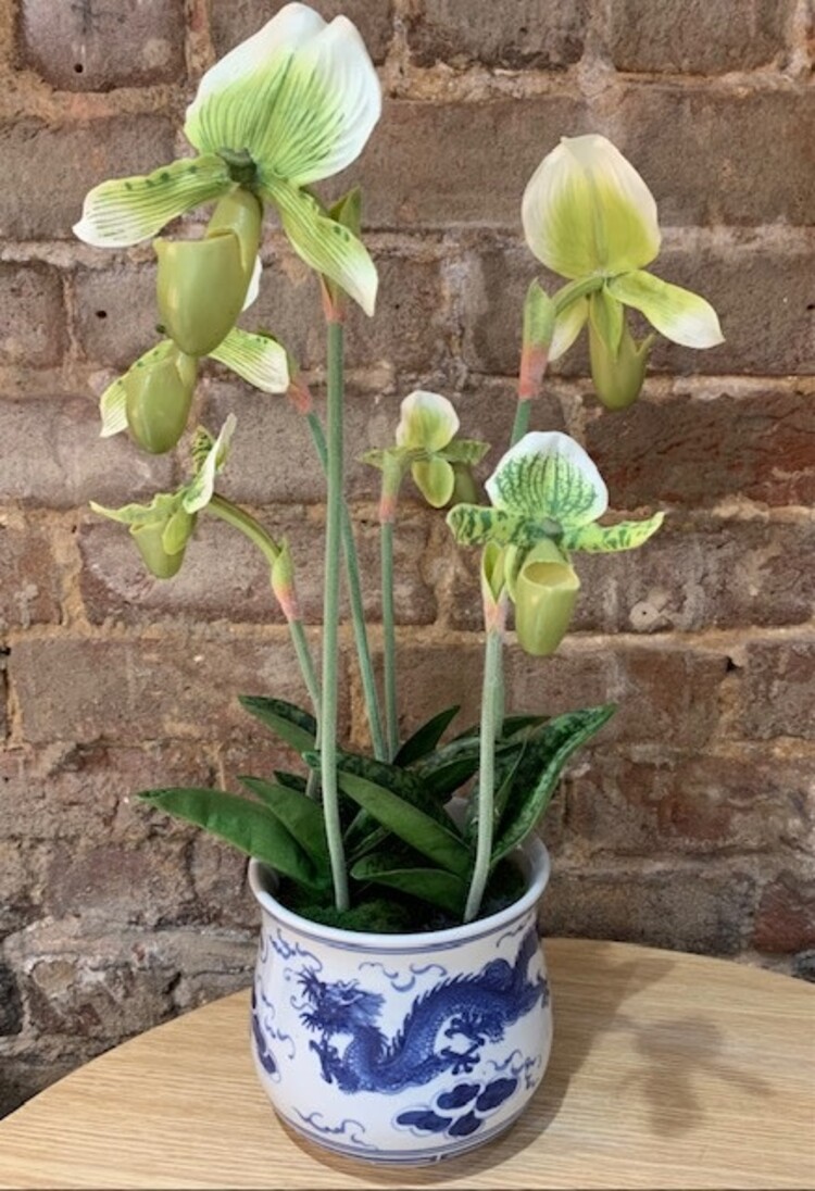 artificial Lady's Slipper plant in blue vase 18" tall