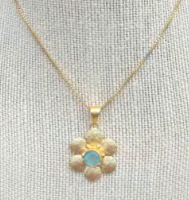 Gold Flower Necklace with Blue Stone