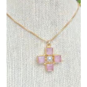 Pink Stone Cross Necklace on Simple Gold Chain