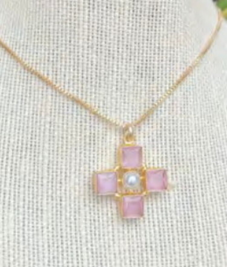 Pink Stone Cross Necklace on Simple Gold Chain