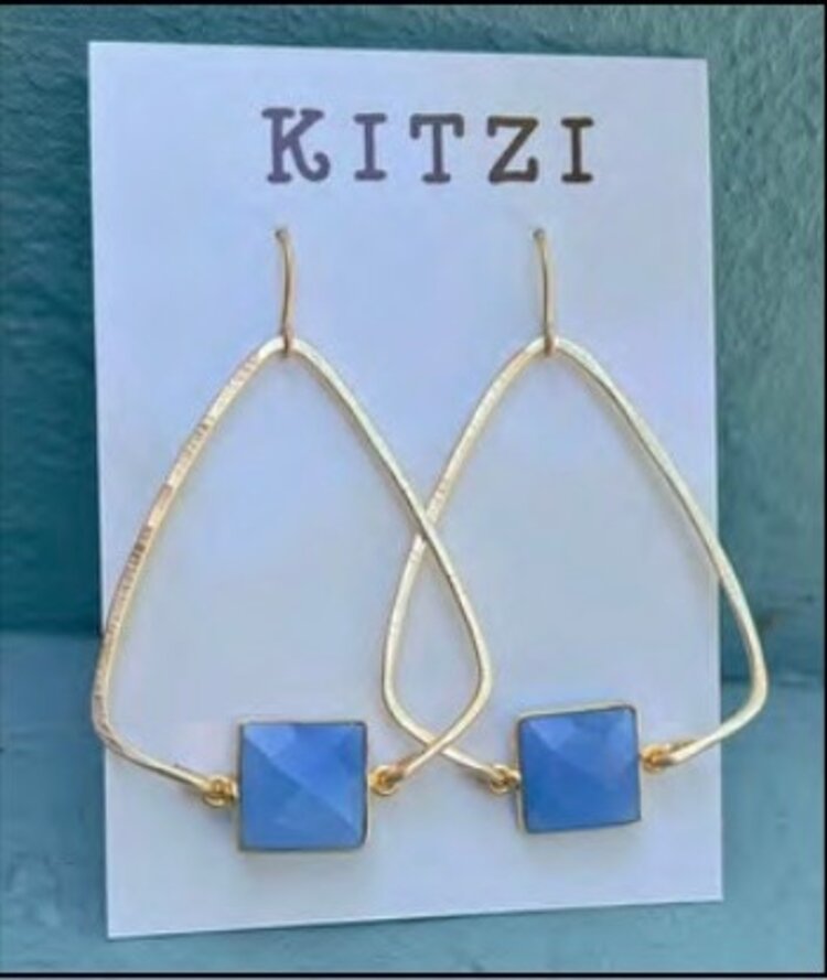 Gold Triangle with Blue Stone Earrings