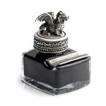 Dragon Glass Inkwell with Pewter Cap, Pen Rest, and Ink