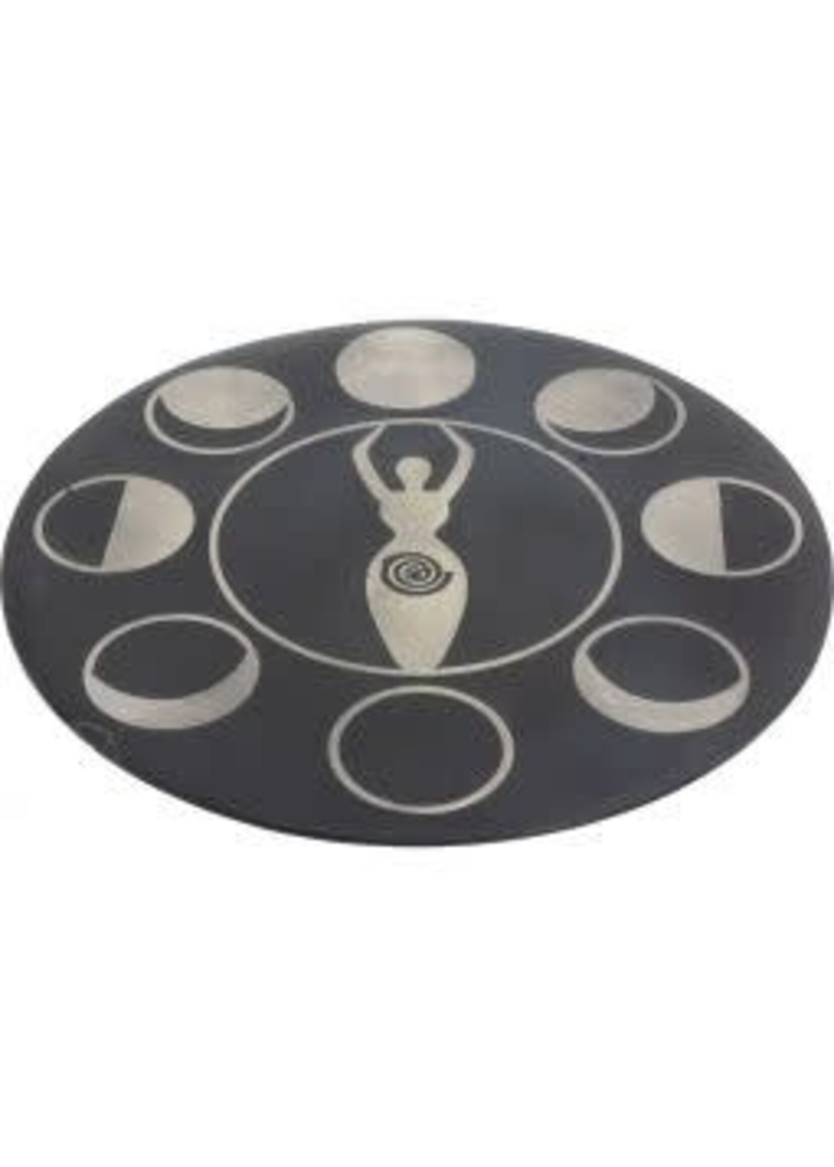 Soapstone Round Incense Holder w/ Silver Inlay - Moon Phases, Goddess