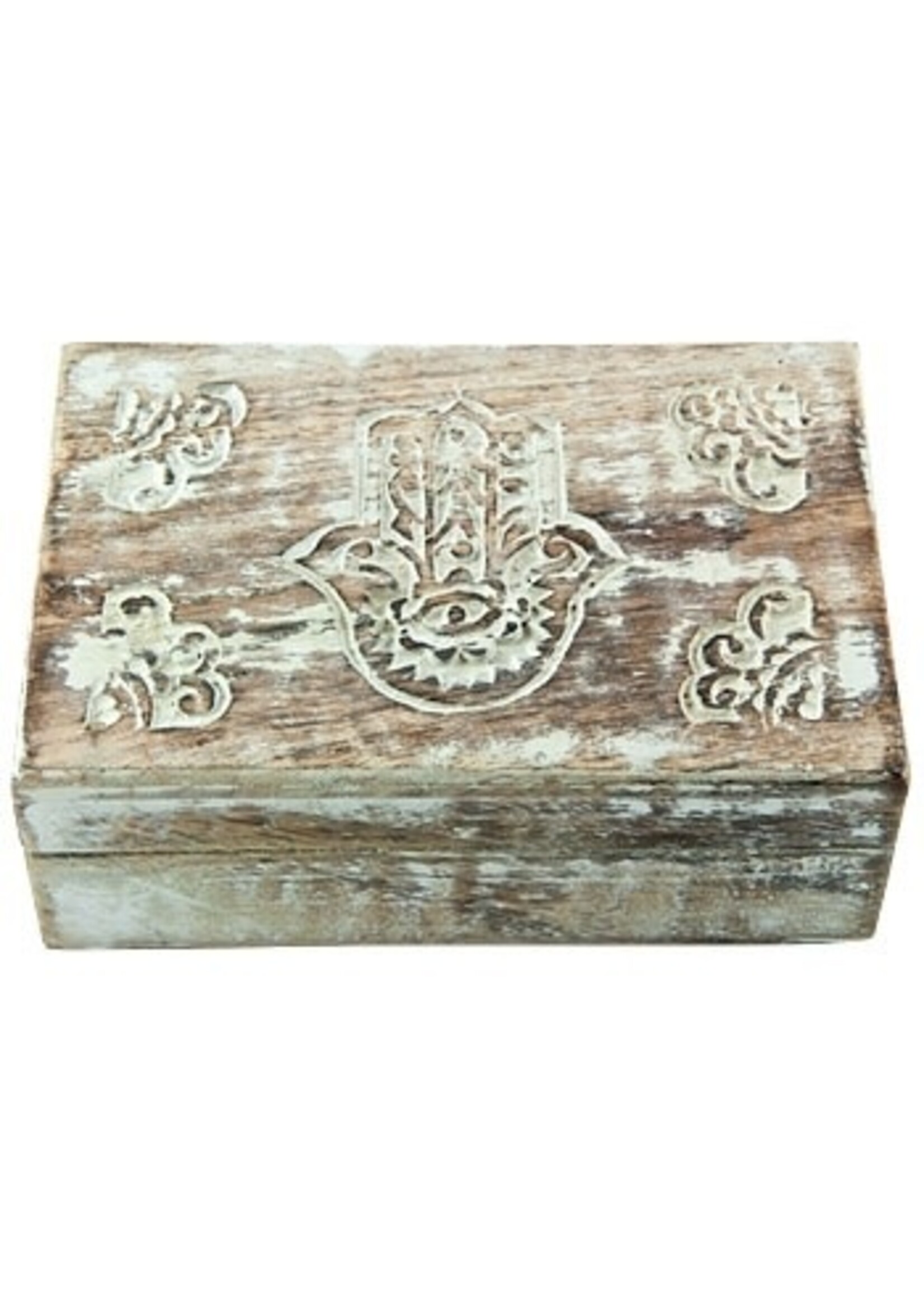 Hamsa Hand Carved Wooden Box - 4" x 6"