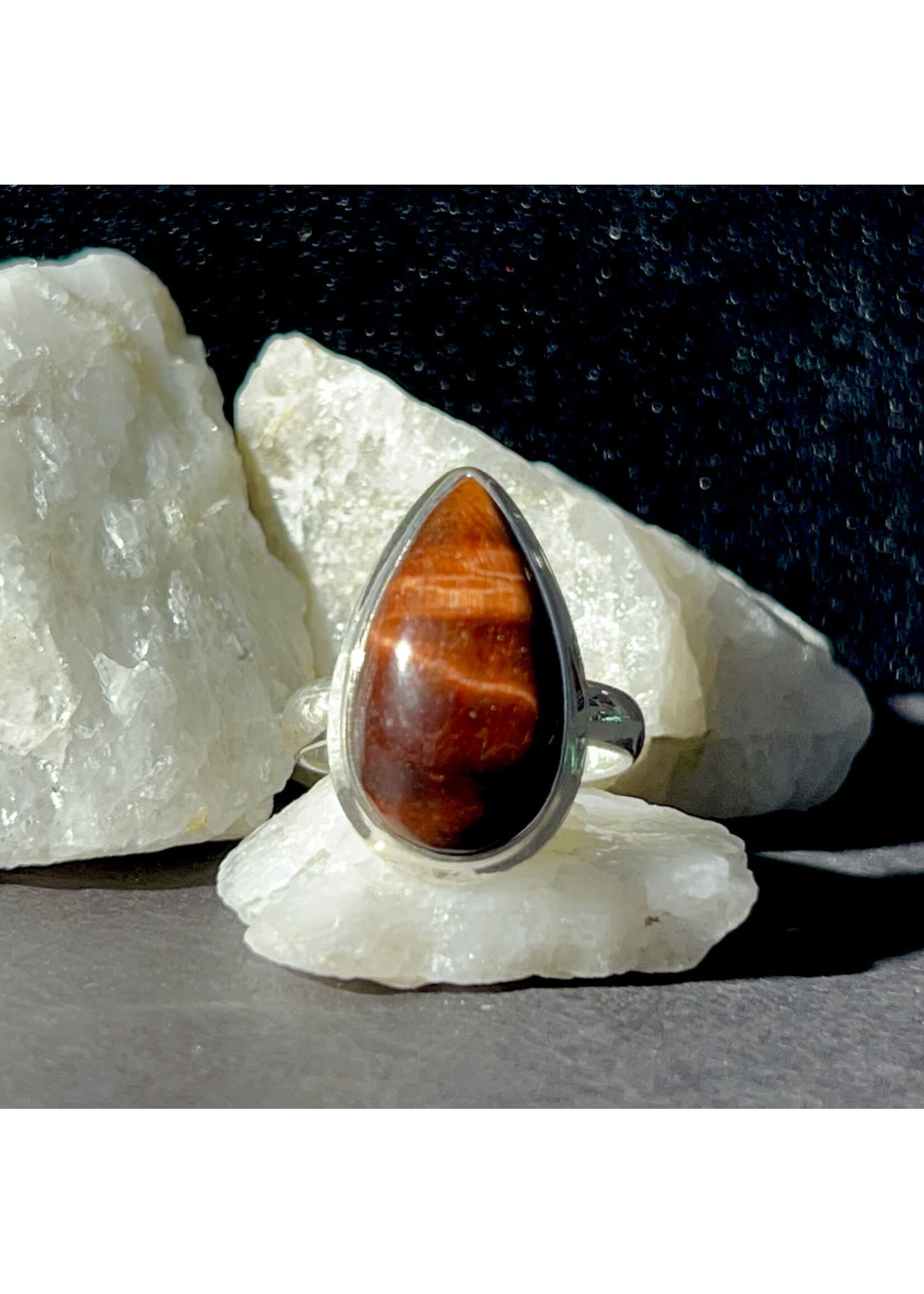 Sterling Silver Red Tiger Eye Ring, Tear Drop Setting (7)