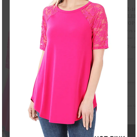 LACE SLEEVE TOP - BRIGHT PINK