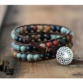 Leather Wrap Beaded Bracelet Heart Button