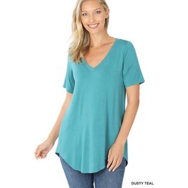 V NECK SHORT SLEEVE TOP - DUSTY TEAL