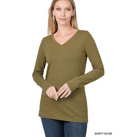 SALE! COTTON LONG SLEEVE V-NECK - DUSTY OLIVE