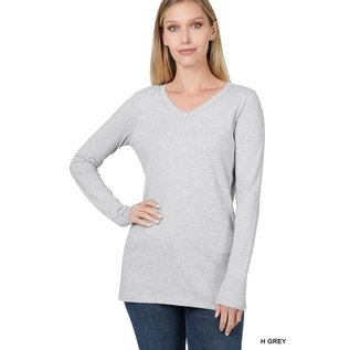 COTTON LONG SLEEVE V-NECK - HEATHER GREY