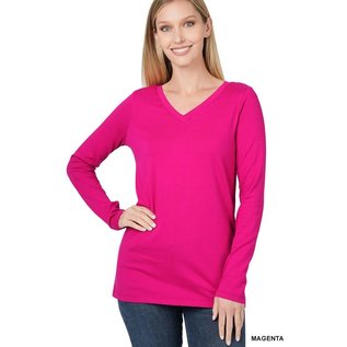 SALE! COTTON LONG SLEEVE V-NECK - MAGENTA