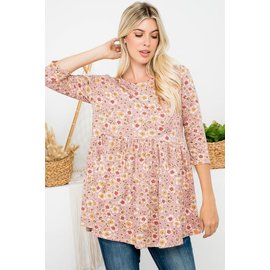 MAUVE FLORAL BABY DOLL TOP  - 2X & 3X only