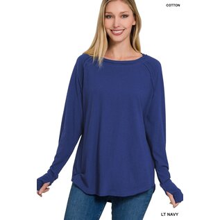 SOFT NAVY RAW EDGE TOP  W/ THUMBHOLES- small only