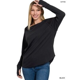 SOFT BLACK RAW EDGE TOP  W/ THUMBHOLES