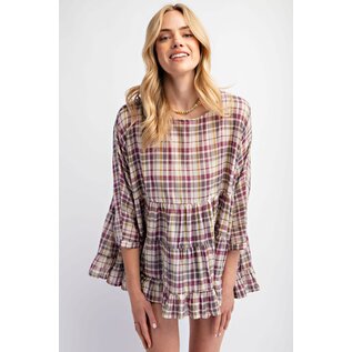 PLAID COTTON VOILE TIERED TOP