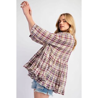 PLAID COTTON VOILE TIERED TOP