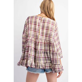 PLAID COTTON VOILE TIERED TOP