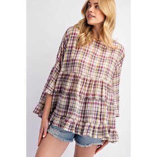 PLAID COTTON VOILE TIERED TOP