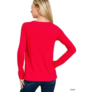 COTTON LONG SLEEVE V-NECK - RUBY