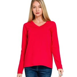 COTTON LONG SLEEVE V-NECK - RUBY