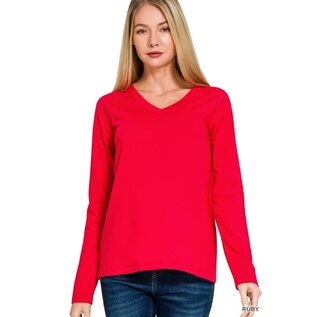 COTTON LONG SLEEVE V-NECK - RUBY