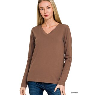 COTTON LONG SLEEVE V-NECK - CHOCOLATE