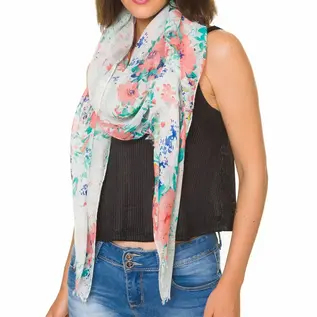 SCARF - ECRU WITH CORAL FLORAL