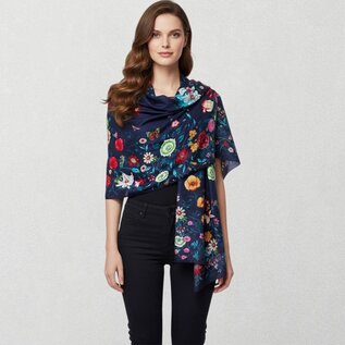 SILKY  RAYON NAVY FLORAL SCARF