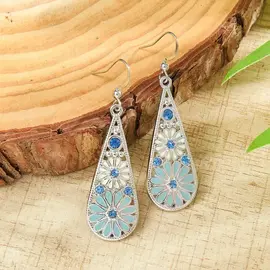 EARRINGS - LONG TEARDROP BLUE FLOWER