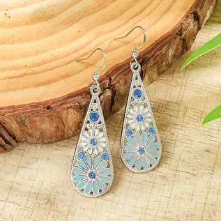 EARRINGS - LONG TEARDROP BLUE FLOWER