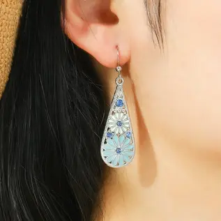 EARRINGS - LONG TEARDROP BLUE FLOWER