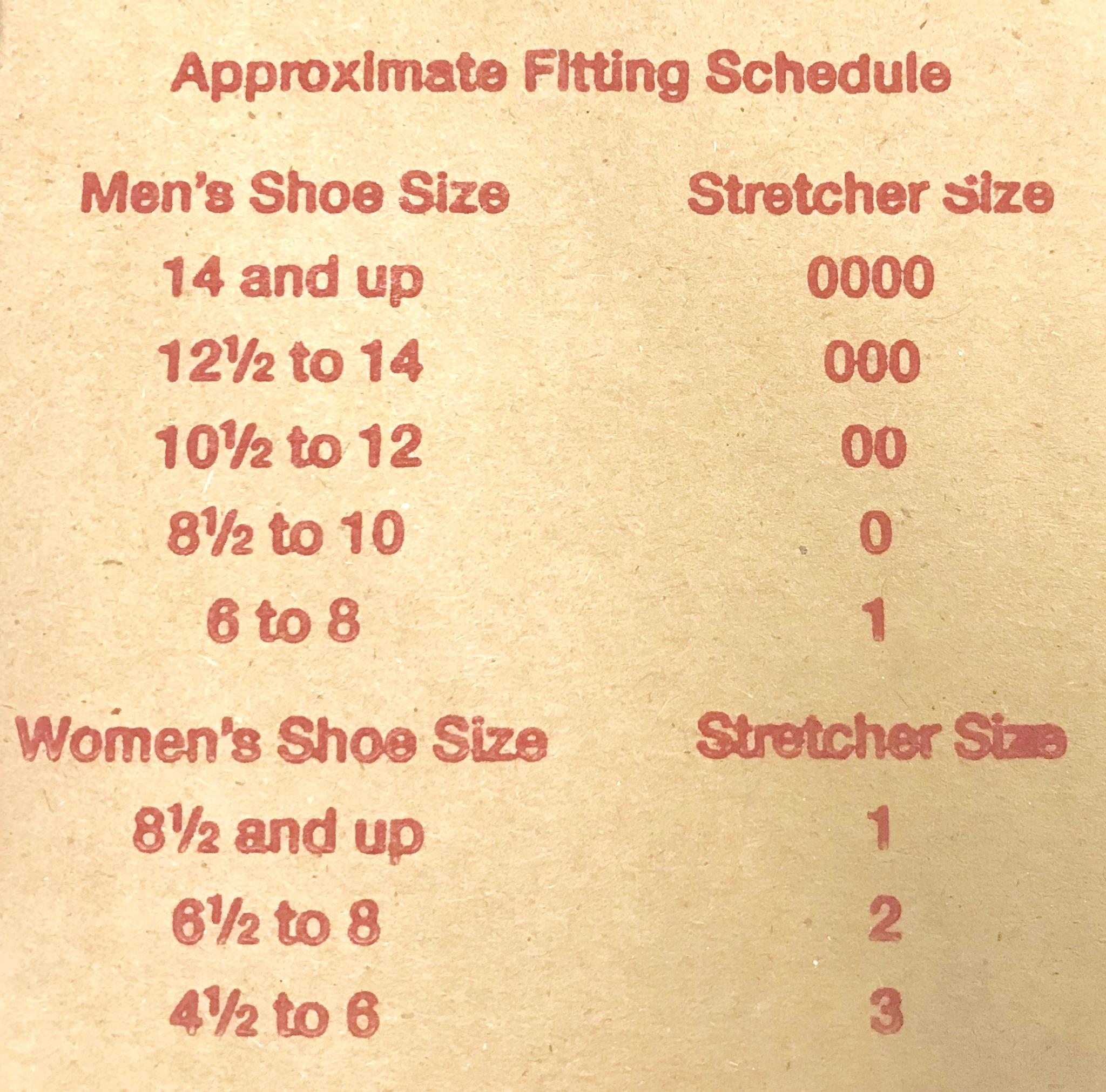 Shoe stretcher size chart