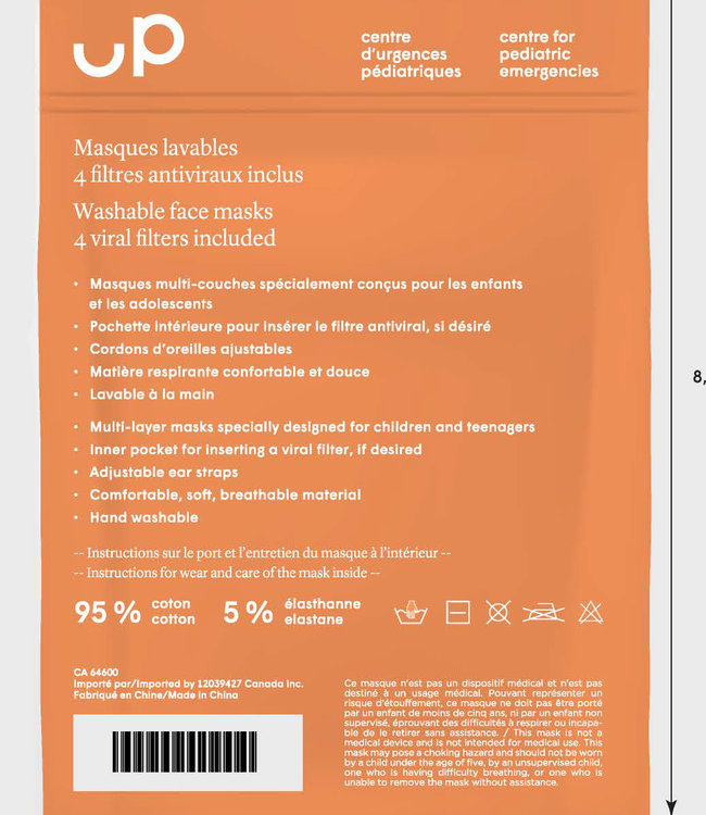 UP Masques pour Enfants Rose/ Marine Paquet de  2 avec Filtres