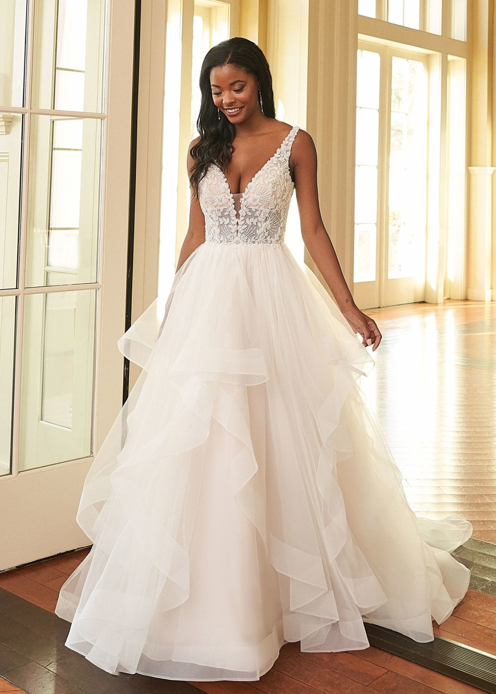 Sincerity 44304LND Beaded Plunging V-Neck Ball Gown with Tulle Ruffle Skirt