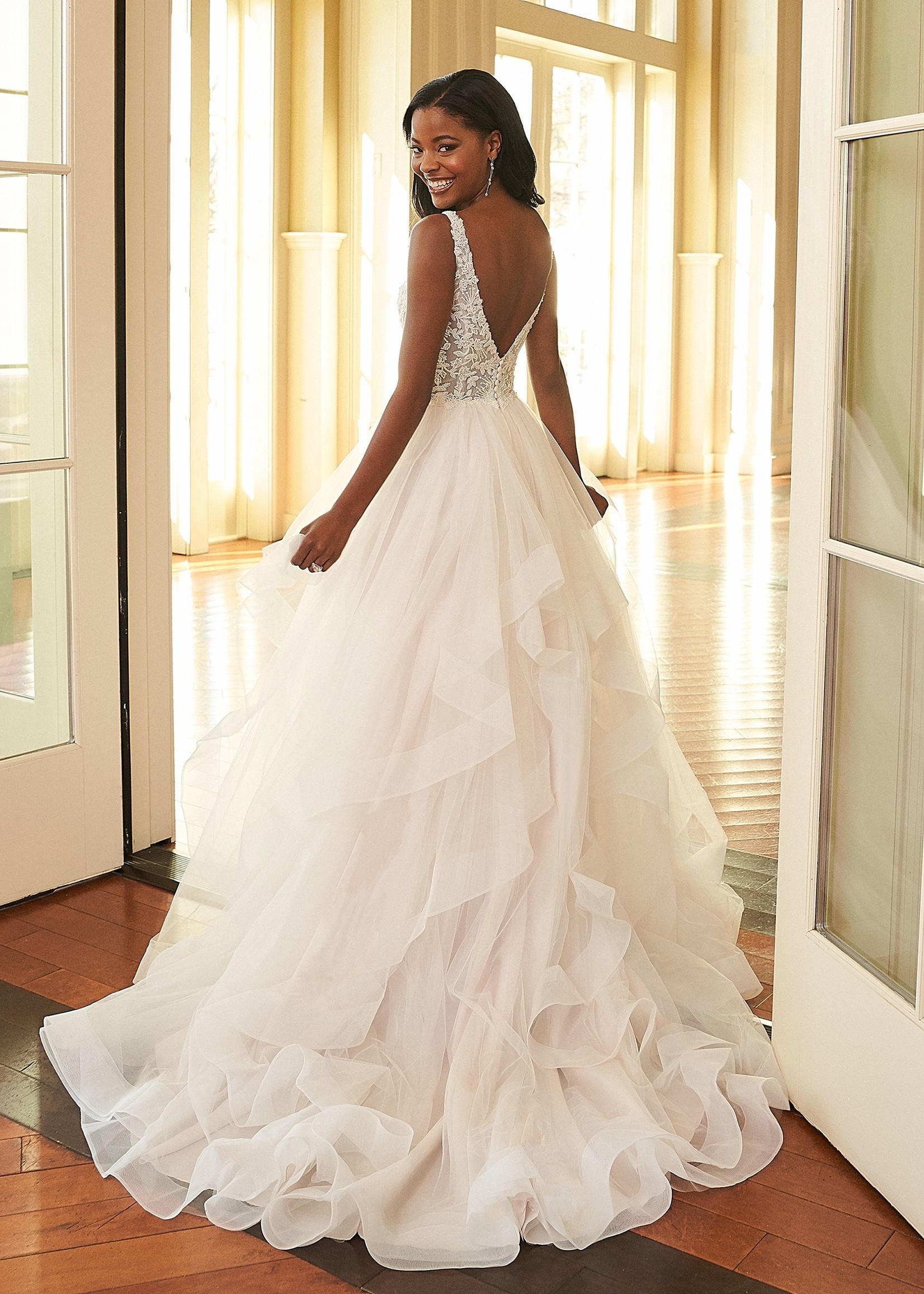 Sincerity 44304 Beaded Plunging V-Neck Ball Gown with Tulle Ruffle Skirt