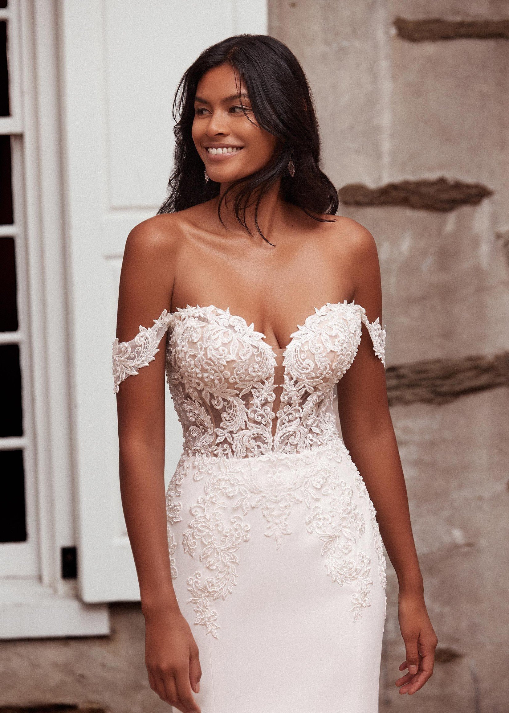 Wide Off-the-shoulder Wedding Dresses with Flare Skirt