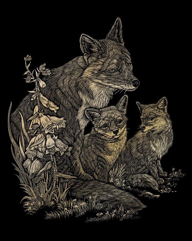 Engraving Art Gold Fox & Cubs