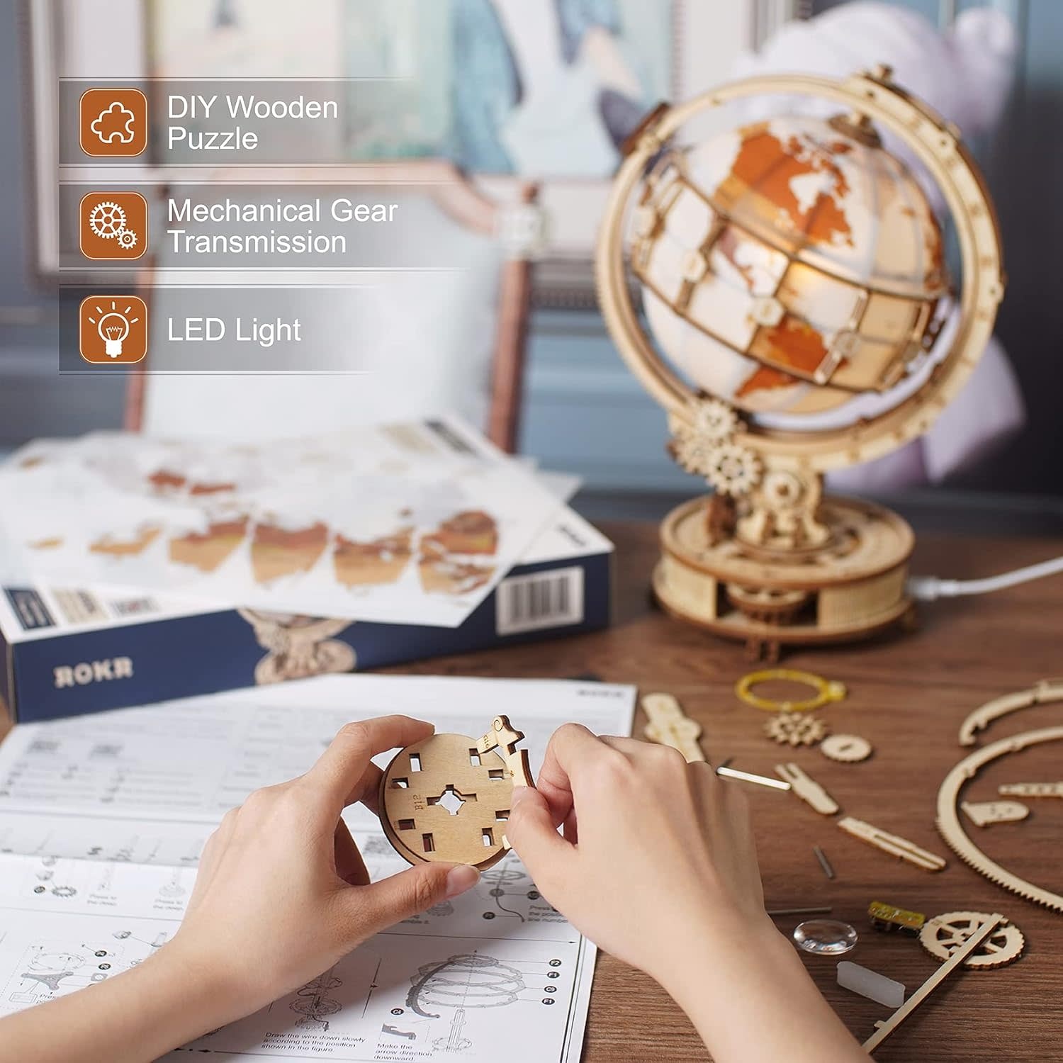 Rokr Wood Gears Luminous Globe