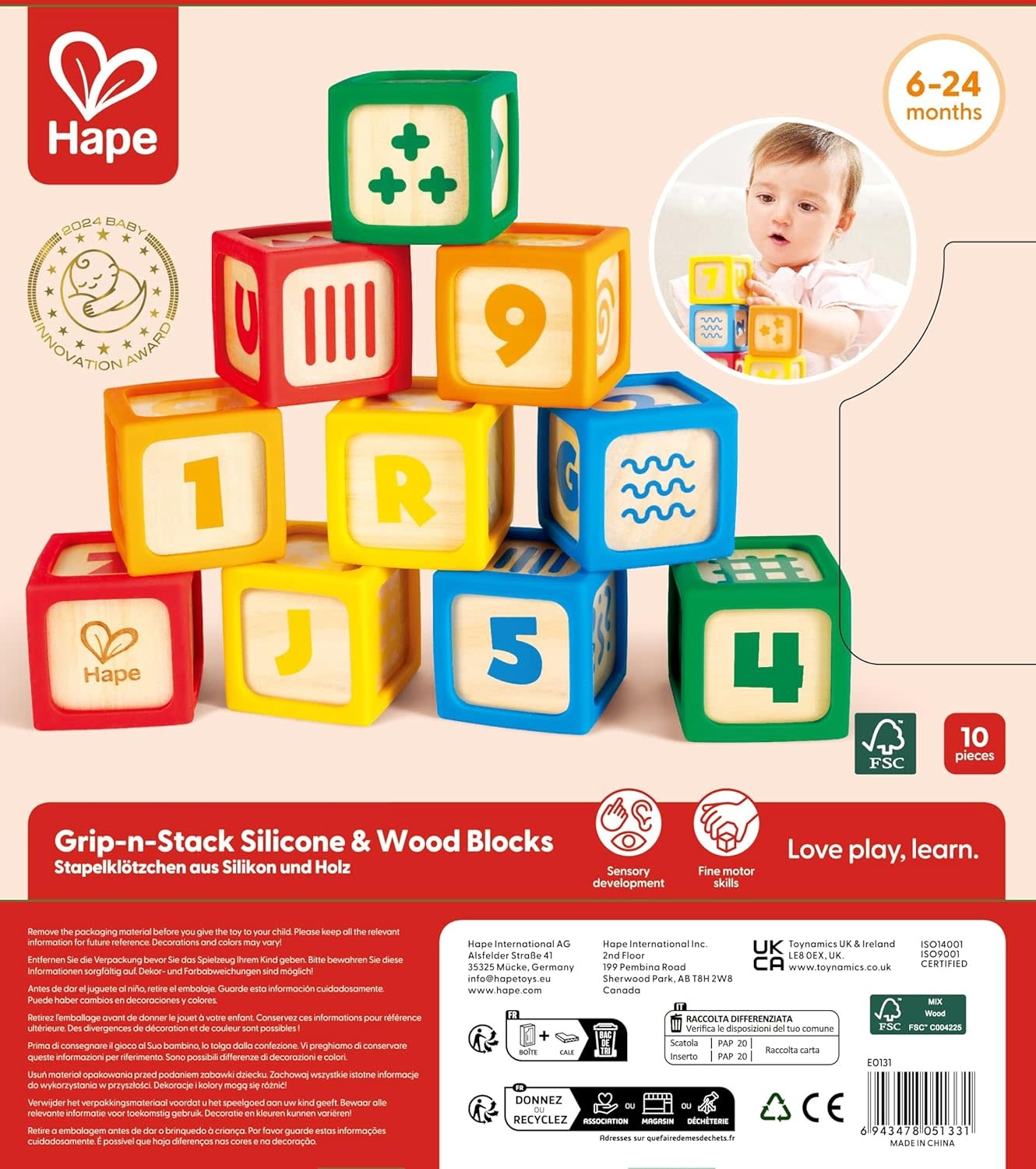 Hape Toys Hape Grip-n-Stack Silicone & Wood Blocks