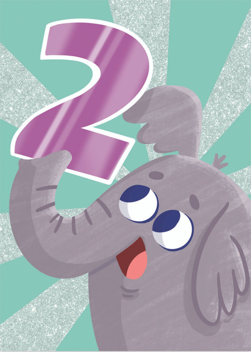 Birthday Card: Age 2 - Glitter Elephant